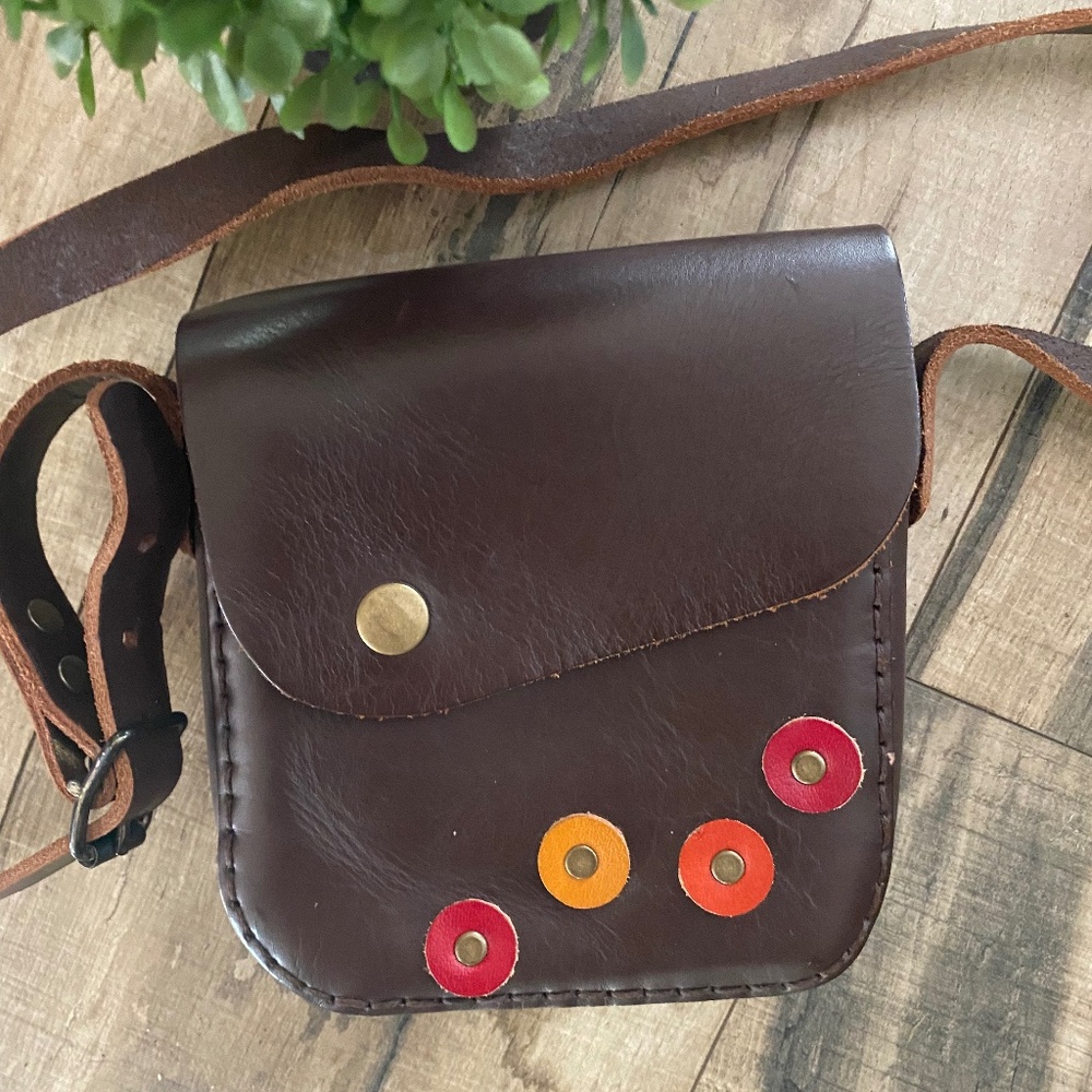 African Handmade Brown Leather Crossbody Bag with Colorful Leather Accent